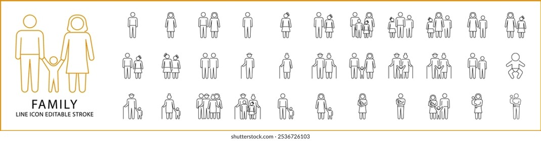 Tipos de iconos de estructura familiar. Establezca el icono de personas de línea relacionado con los miembros de la familia. Ilustración vectorial. Trazo editable.