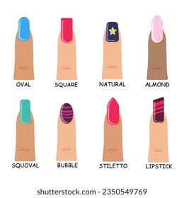 Types of fashionable vibrant color shapes of the nail collection. Female manicure in flat design. Set of different shapes of nails on white background. Vector illustration, EPS 10.