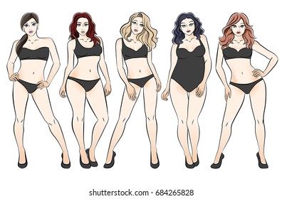 Types of female bodies. Five figures, the physique of girls. Forms: an inverted triangle, a pear, a rectangle, an apple, an hourglass.