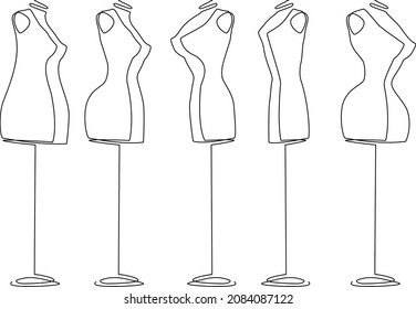 Types the female figure as a tailor's mannequin. Continuous line drawing. Vector illustration.