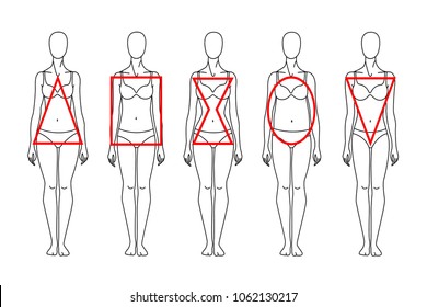 Types of the female figure: a triangle, a rectangle, an hourglass, a circle, an inverted triangle. A woman's body. Vector object