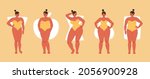 Types of female figures apple, pear. Set of tanned chubby women in swimwear. Triangular, rectangular and hourglass body type. Full beautiful girls with different shapes.
