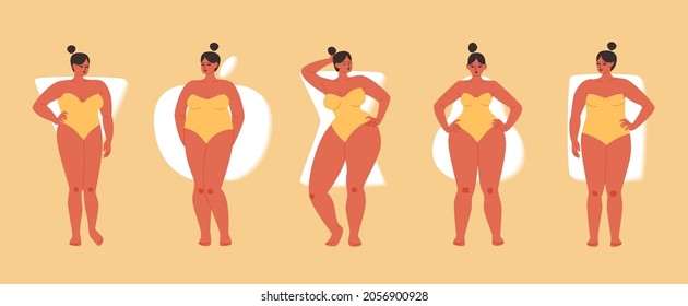 Types of female figures apple, pear. Set of tanned chubby women in swimwear. Triangular, rectangular and hourglass body type. Full beautiful girls with different shapes.