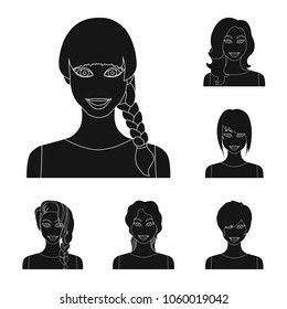 Types of female hairstyles black icons in set collection for design. Appearance of a woman vector symbol stock web illustration.