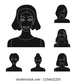 Types of female hairstyles black icons in set collection for design. Appearance of a woman vector symbol stock web illustration.