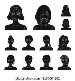 Types of female hairstyles black icons in set collection for design. Appearance of a woman vector symbol stock web illustration.