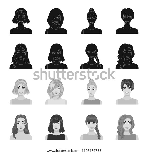 Types Female Hairstyles Blackmonochrome Icons Set Stock Vector