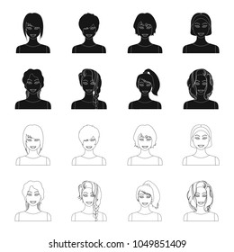 Types of female hairstyles black,outline icons in set collection for design. Appearance of a woman vector symbol stock web illustration.