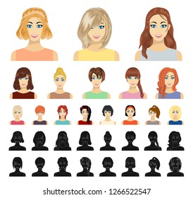 Types of female hairstyles cartoon, black icons in set collection for design. Appearance of a woman vector symbol stock web illustration.