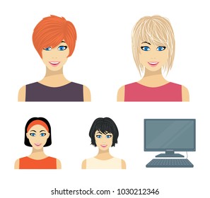 Types of female hairstyles cartoon icons in set collection for design. Appearance of a woman vector symbol stock web illustration.