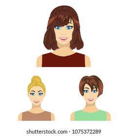 Types of female hairstyles cartoon icons in set collection for design. Appearance of a woman vector symbol stock web illustration.
