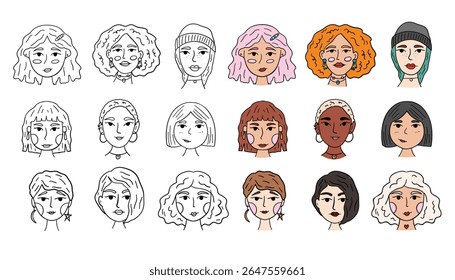 Types of female hairstyles cartoon,black,outline icons in set collection for design. Vector set of avatars of different women with different hair styles. vector illustration.