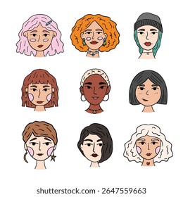 Types of female hairstyles cartoon,black,outline icons in set collection for design. Vector set of avatars of different women with different hair styles. vector illustration.