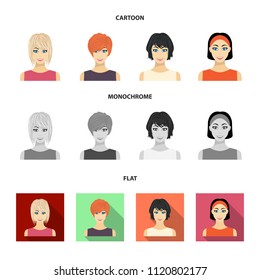 Types of female hairstyles cartoon,flat,monochrome icons in set collection for design. Appearance of a woman vector symbol stock web illustration.