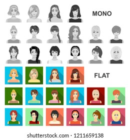 Types of female hairstyles flat icons in set collection for design. Appearance of a woman vector symbol stock web illustration.