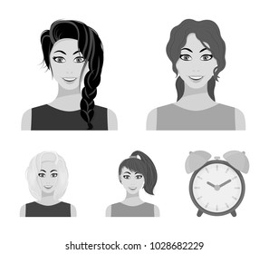 Types of female hairstyles monochrome icons in set collection for design. Appearance of a woman vector symbol stock web illustration.