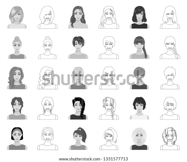 Types Female Hairstyles Monochromeoutline Icons Set Stock Vector