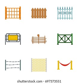 Types of fence icons set. Flat set of 9 types of fence vector icons for web isolated on white background