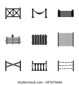 Types of fence icons set. Simple set of 9 types of fence vector icons for web isolated on white background