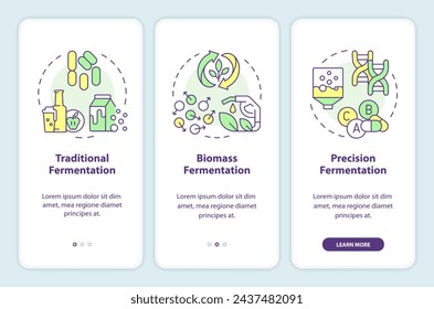 Types of fermentation onboarding mobile app screen. Food industry. Walkthrough 3 steps editable graphic instructions with linear concepts. UI, UX, GUI template. Myriad Pro-Bold, Regular fonts used