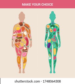 Types of figure and diet accordance. Vector illustration of overweight and slim woman body silhouettes with unhealthy and healthy food inside. Isolated on background