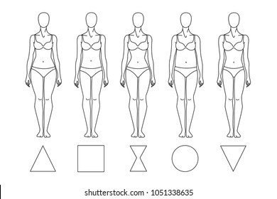 Types of figures: triangle, square, hourglass, circle, inverted triangle. Female figure. Five species of the female body. Vector object