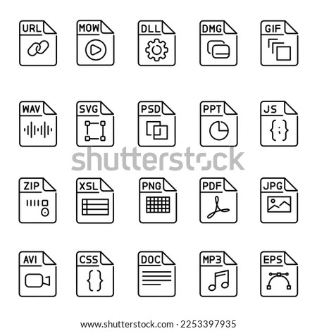 Types files color line icons set. Format and extension of documents.