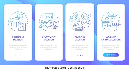 Types of financial decisions blue gradient onboarding mobile app screen. Walkthrough 4 steps graphic instructions with linear concepts. UI, UX, GUI template. Myriad Pro-Bold, Regular fonts used