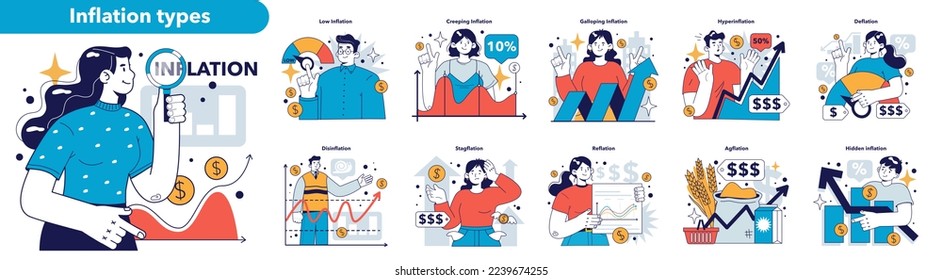 Types of financial inflation set. Price increases and the value of money recession. The risk of economic crisis and business devastation. Flat vector illustration.