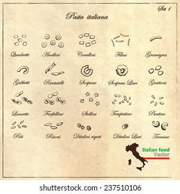 Types fine Italian pasta in retro style. Collection of Italian pasta. Sketches. Hand-drawing. Vector illustration. Elements for design.