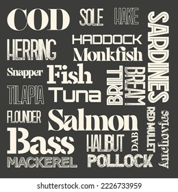 Types Of Fish Word Cloud on a chalkboard background.