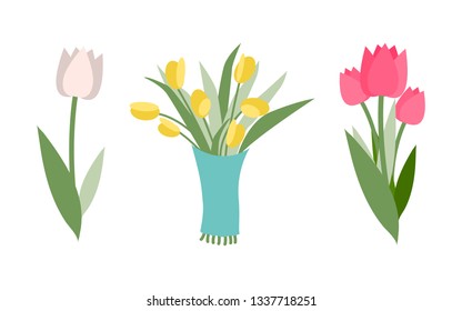 Types of flower vector, isolated icons set of tulips with different color. Floral composition for holiday greeting and celebration. Gift for occasion