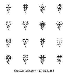 Typen von Blumen Symbol gesetzt. Einfache Blumen umreißen Symbol-Zeichenkonzept. Vektorgrafik. 