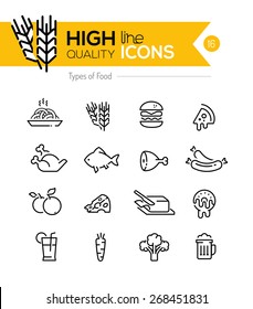 Types of Food line Icons including: meat, grain, dairy etc..