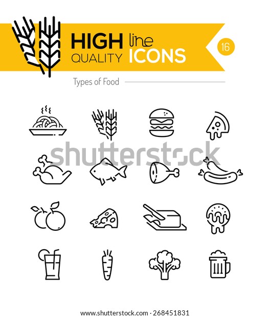 Types of Food line Icons including: meat, grain,\
dairy etc..