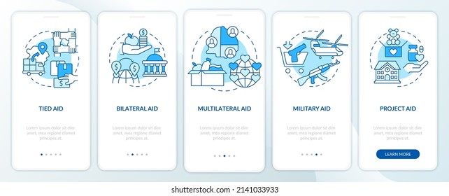 Types of foreign aid blue onboarding mobile app screen. Project aid walkthrough 5 steps graphic instructions pages with linear concepts. UI, UX, GUI template. Myriad Pro-Bold, Regular fonts used
