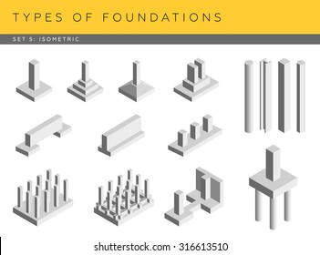 Types of foundations. Set of vector architectural blueprints. Isometric view