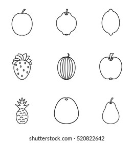 Types of fruit icons set. Outline illustration of 9 types of fruit vector icons for web