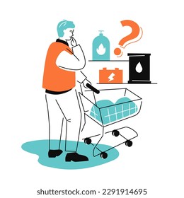 Types of fuel and energy - colorful flat design style illustration with linear elements. Orange and blue picture with man holding shopping trolley and choosing between petrol, generator and gas burner