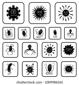 Types of funny microbes black icons in set collection for design. Microbes pathogenic vector symbol stock web illustration.