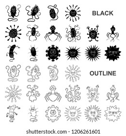 Types of funny microbes black icons in set collection for design. Microbes pathogenic vector symbol stock web illustration.