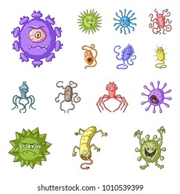 Types of funny microbes cartoon icons in set collection for design. Microbes pathogenic vector symbol stock web illustration.