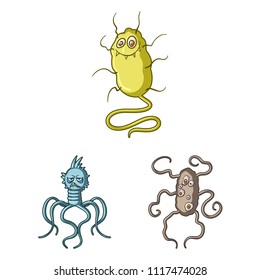Types of funny microbes cartoon icons in set collection for design. Microbes pathogenic vector symbol stock web illustration.
