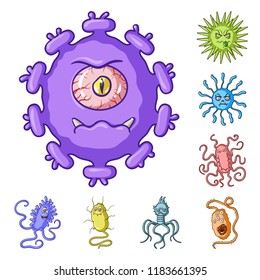 Types of funny microbes cartoon icons in set collection for design. Microbes pathogenic vector symbol stock web illustration.