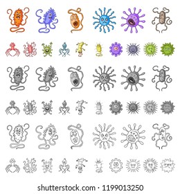 Types of funny microbes cartoon icons in set collection for design. Microbes pathogenic vector symbol stock web illustration.