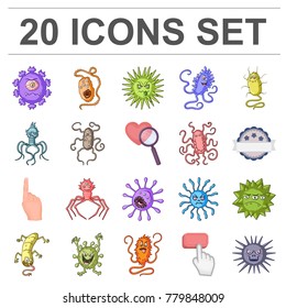 Types of funny microbes cartoon icons in set collection for design. Microbes pathogenic vector symbol stock web illustration.