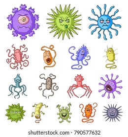 Types of funny microbes cartoon icons in set collection for design. Microbes pathogenic vector symbol stock web illustration.