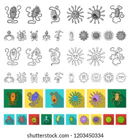 Types of funny microbes flat icons in set collection for design. Microbes pathogenic vector symbol stock web illustration.