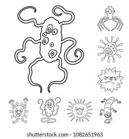 Types of funny microbes outline icons in set collection for design. Microbes pathogenic vector symbol stock web illustration.