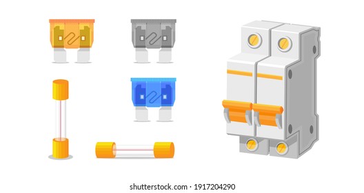Types of fuses and components of electrical protection. Electrical switches.Isolated on a white background. svg